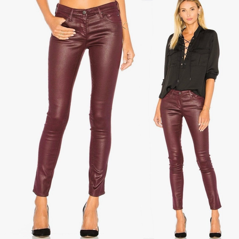 AG Adriano Goldschmied LEATHER Super Skinny Jeans Burgundy Plum Leggings Pants